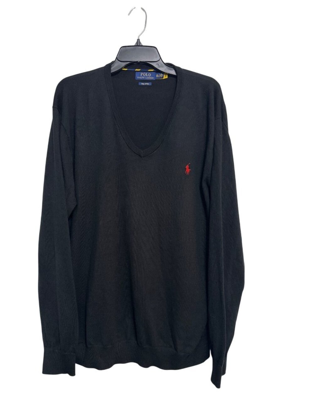 Polo Ralph Lauren Black V-Neck Pima Cotton Sweater XXL Red Logo Mens Classic Kni